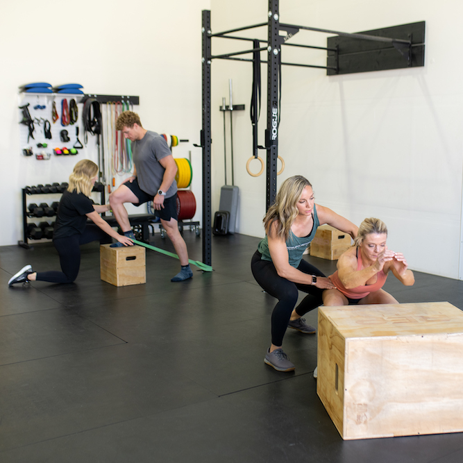 A group of people in a gym.