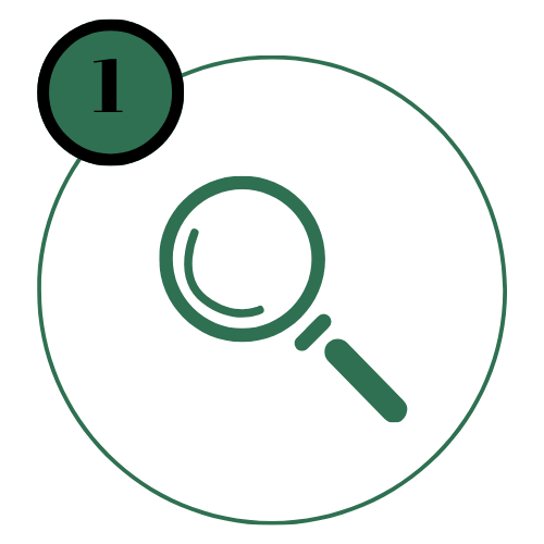 A magnifying glass icon in a circle.